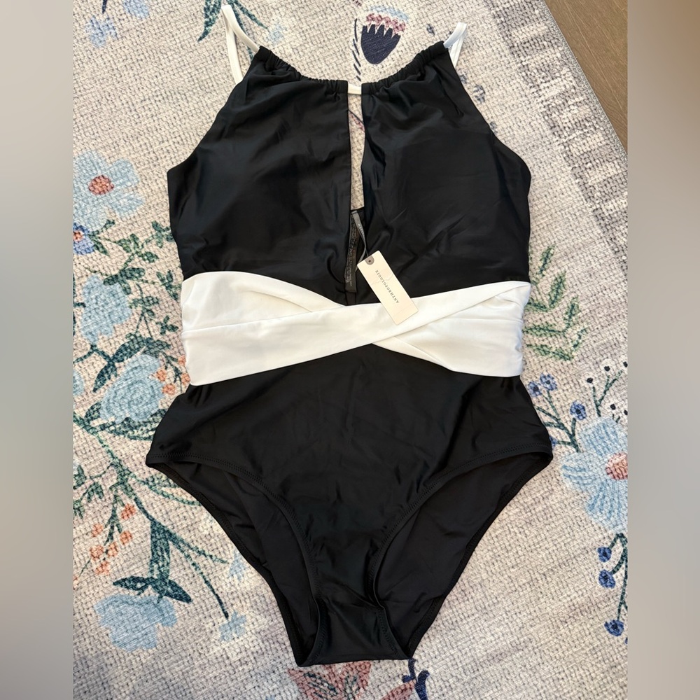NWTAnthropologie High Neck One-Piece Plunge Swimsuit B&W